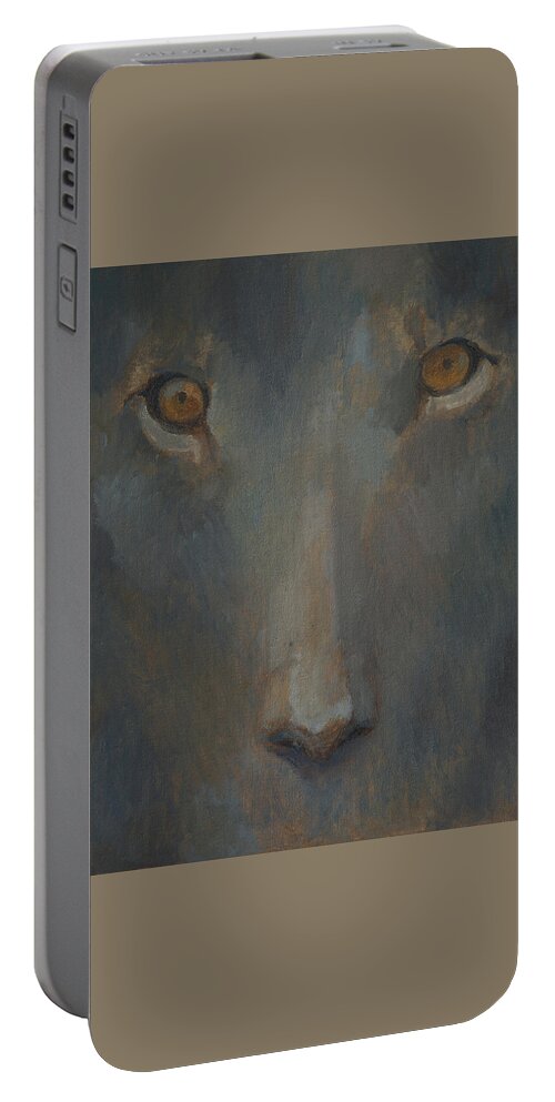 Sphinx Portable Battery Charger featuring the painting Blue Sphinx by Attila Meszlenyi