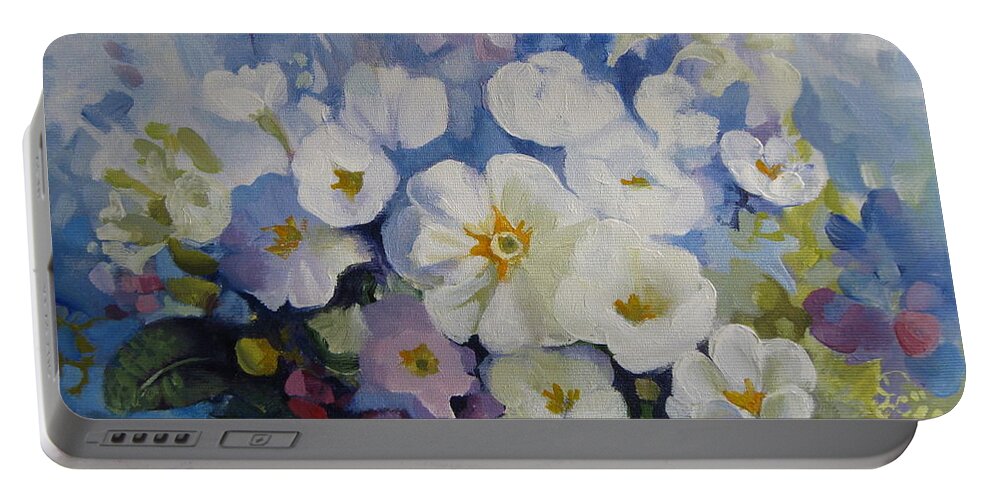Primrose Portable Battery Charger featuring the painting Blue spring by Elena Oleniuc