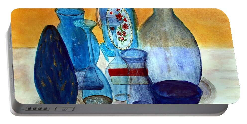 Blue Portable Battery Charger featuring the painting Blue still life by Anne Sands