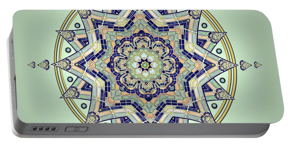 Tile Portable Battery Charger featuring the drawing Blue Tile Star Mandala by Deborah Smith