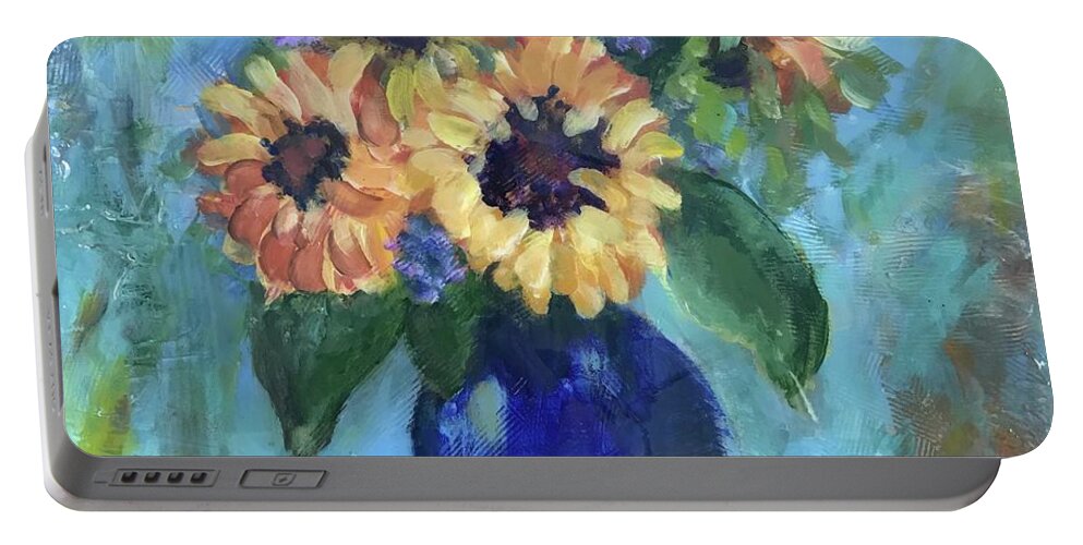 Sunflowers Portable Battery Charger featuring the painting Blue Vase by Gloria Smith