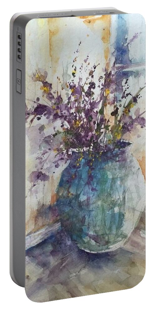Wildflowers Portable Battery Charger featuring the painting Blue Vase of Lavender and Wildflowers aka Vase Bleu Lavande et Wildflowers by Robin Miller-Bookhout