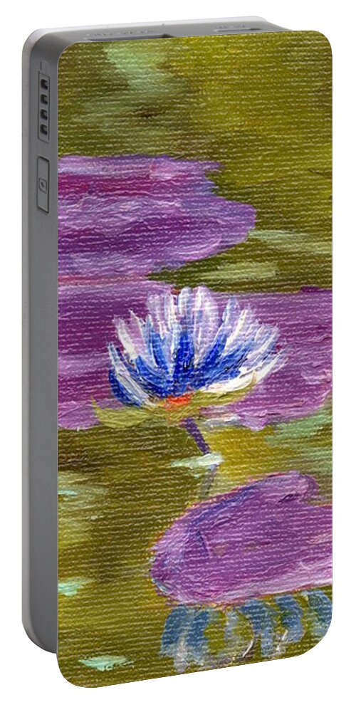 Abstract Portable Battery Charger featuring the painting Blue Water Lilies by Marcy Brennan