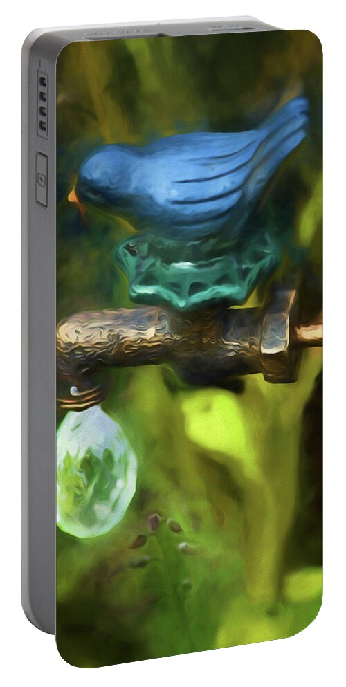 Painted Photo Portable Battery Charger featuring the painting Bluebird Garden Ornament by Bonnie Bruno