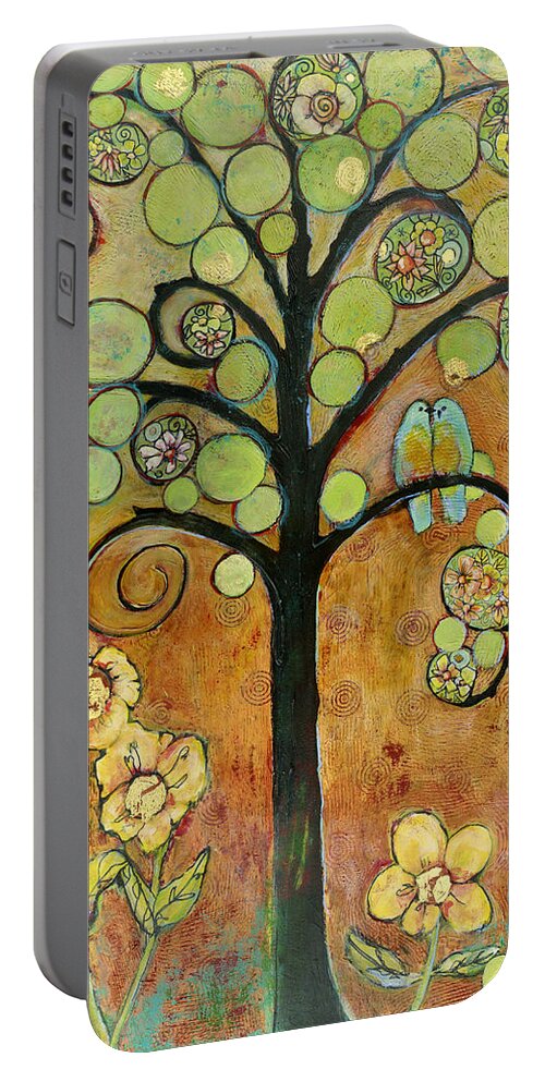 Sun Portable Battery Charger featuring the painting Boho Bluebird Tree of Life by Blenda Studio