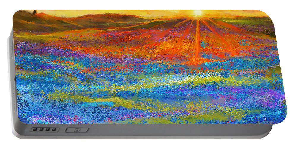 Bluebonnet Portable Battery Charger featuring the painting Bluebonnet Horizon - Bluebonnet Field Sunset by Lourry Legarde