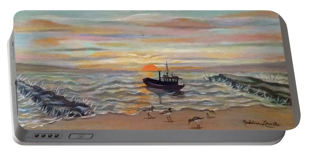 Seascape Portable Battery Charger featuring the painting Boat At Dawn by Madeline Lovallo