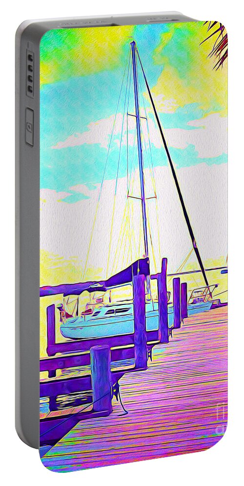Florida Portable Battery Charger featuring the painting Boat at Sunset II by Chris Andruskiewicz