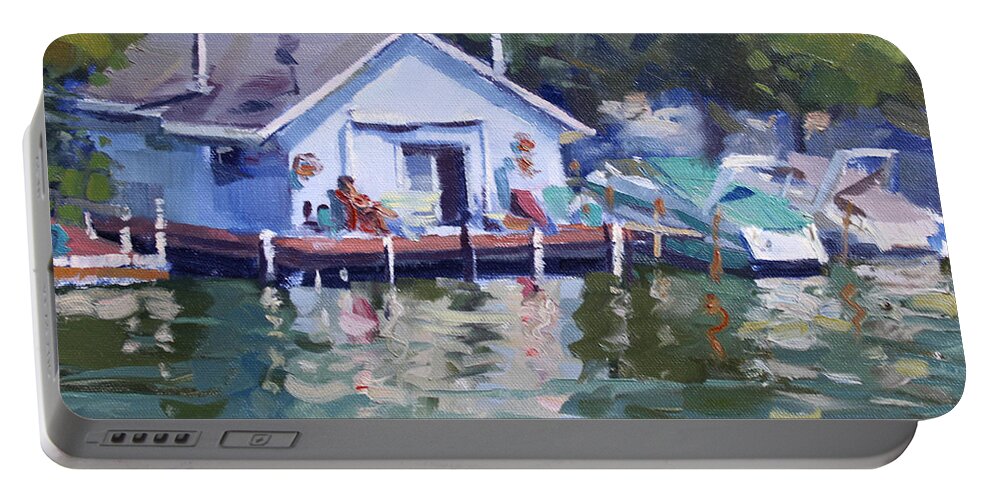 Boat House Portable Battery Charger featuring the painting Boat House at Tonawanda Canal by Ylli Haruni