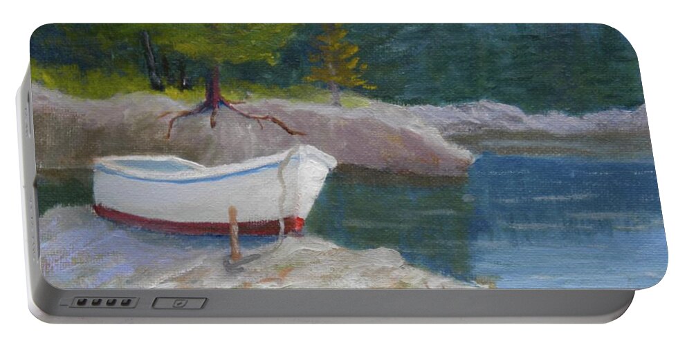 Landscape Boat River Rocks Trees Grass Dock Portable Battery Charger featuring the painting Boat On Tidal River by Scott W White
