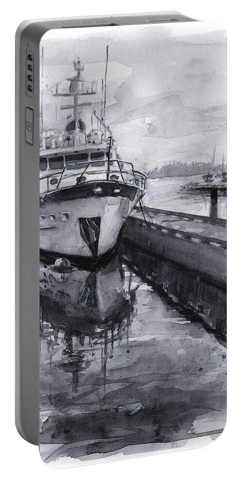 Kirkland Portable Battery Charger featuring the painting Boat on Waterfront Marina Kirkland Washington by Olga Shvartsur