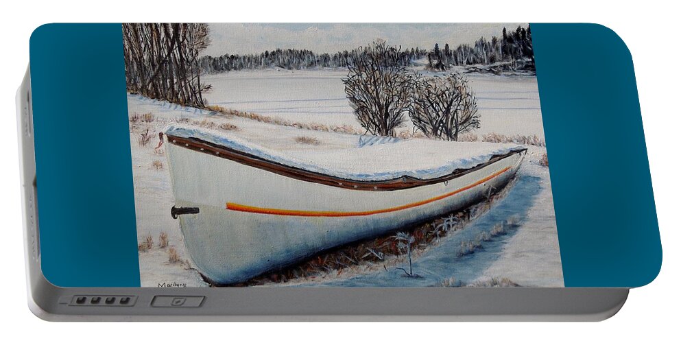 Boat Portable Battery Charger featuring the painting Boat under snow by Marilyn McNish
