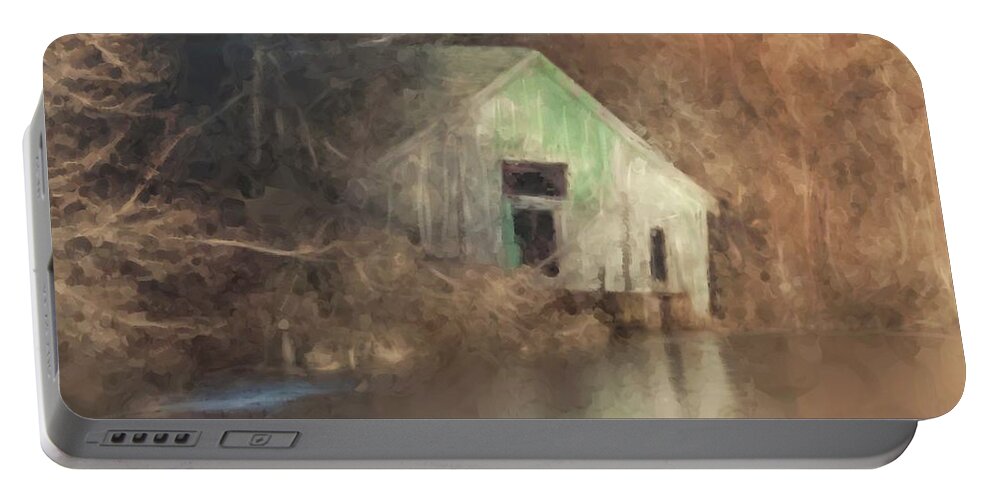 Landscape Portable Battery Charger featuring the painting Boathouse on Solstice by Bill McEntee