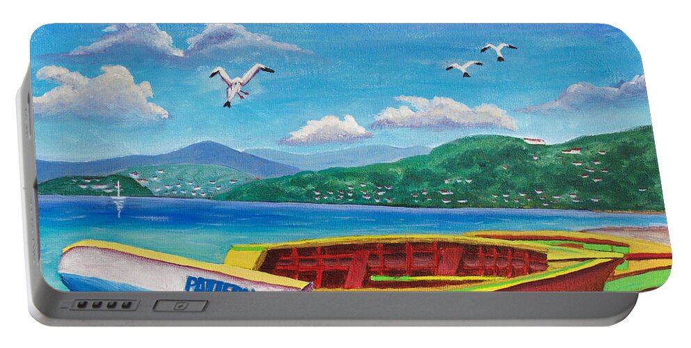 Seascape Portable Battery Charger featuring the painting Boats At Rest by Laura Forde