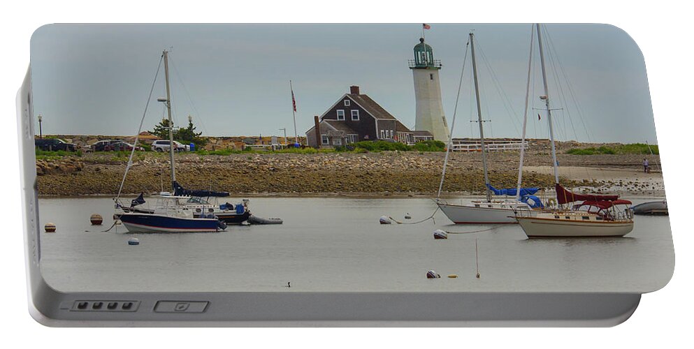 Boats By Scituate Lighthouse Portable Battery Charger featuring the photograph Boats By Scituate Lighthouse by Brian MacLean