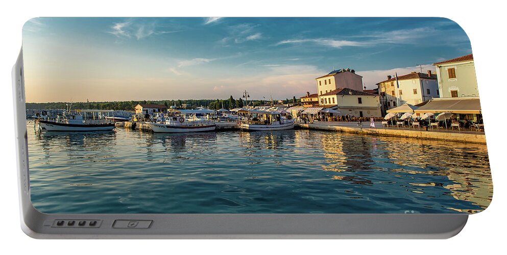 Harbor Portable Battery Charger featuring the photograph Boats in Harbor in Croatia at Sunset by Andreas Berthold