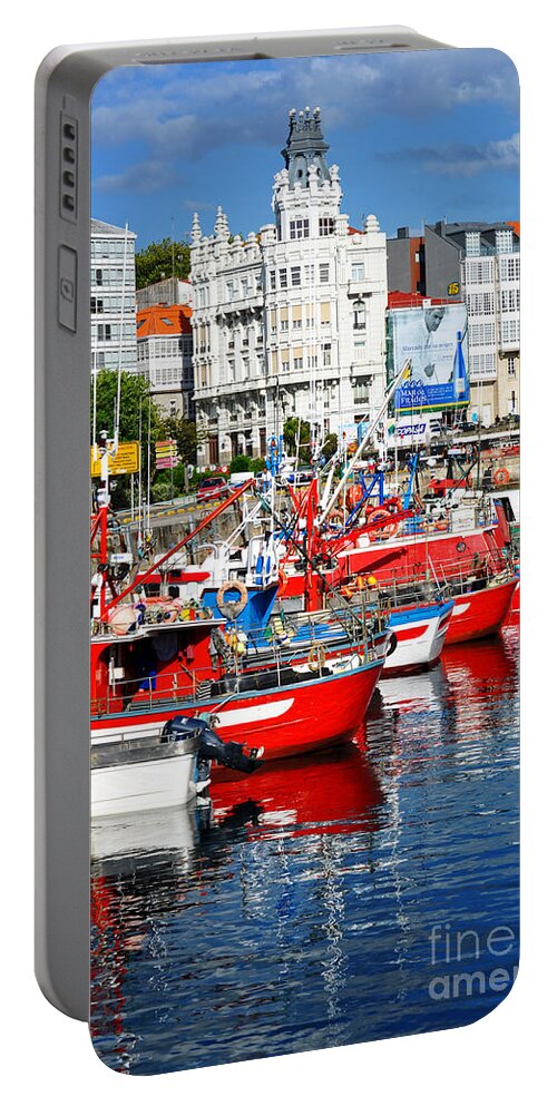 Fishing Boats Portable Battery Charger featuring the photograph Boats in the Harbor - La Coruna by Mary Machare