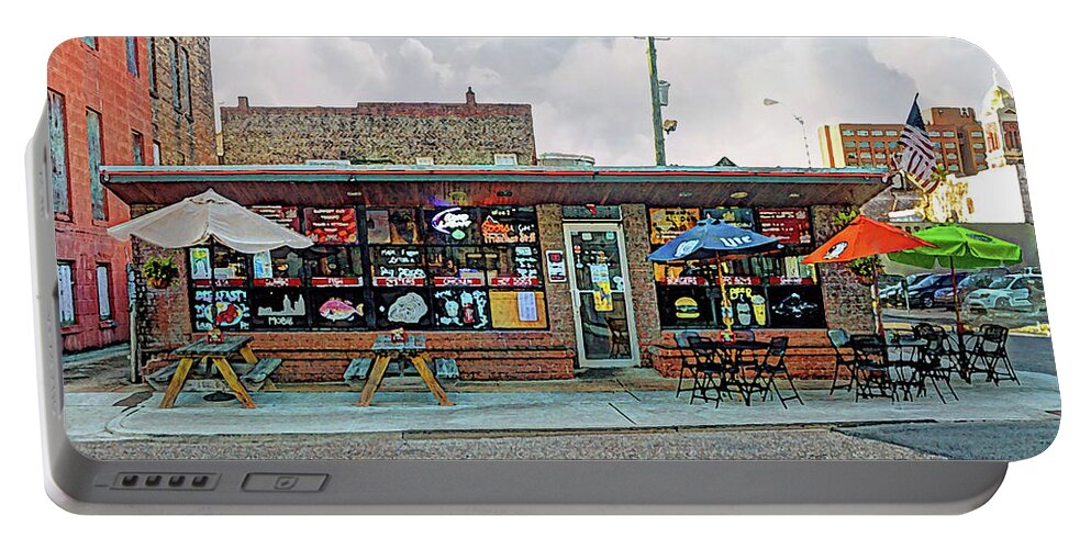 Mobile Portable Battery Charger featuring the digital art Bobs Downtown Diner Front Door by Michael Thomas