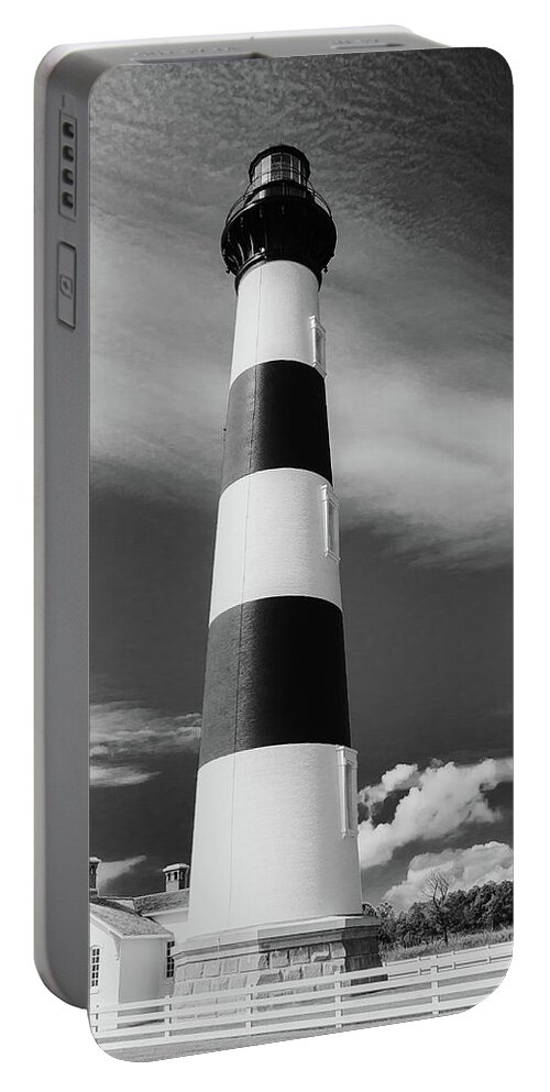 Bodie Island Portable Battery Charger featuring the photograph Bodie Lighthouse Black and White by Joni Eskridge