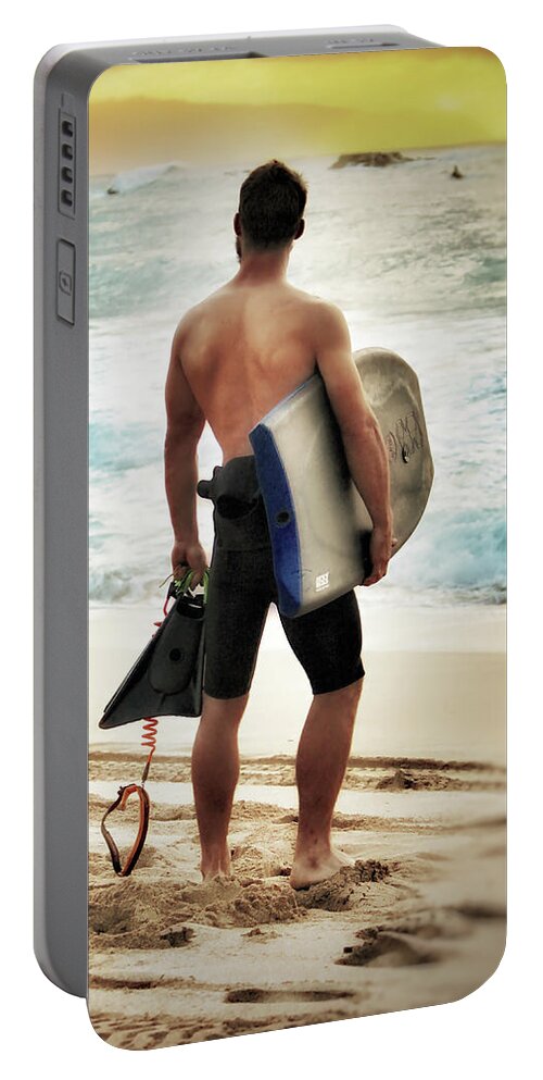 Surfer Portable Battery Charger featuring the photograph Boggie Boarder at Waimea Bay by Jim Albritton