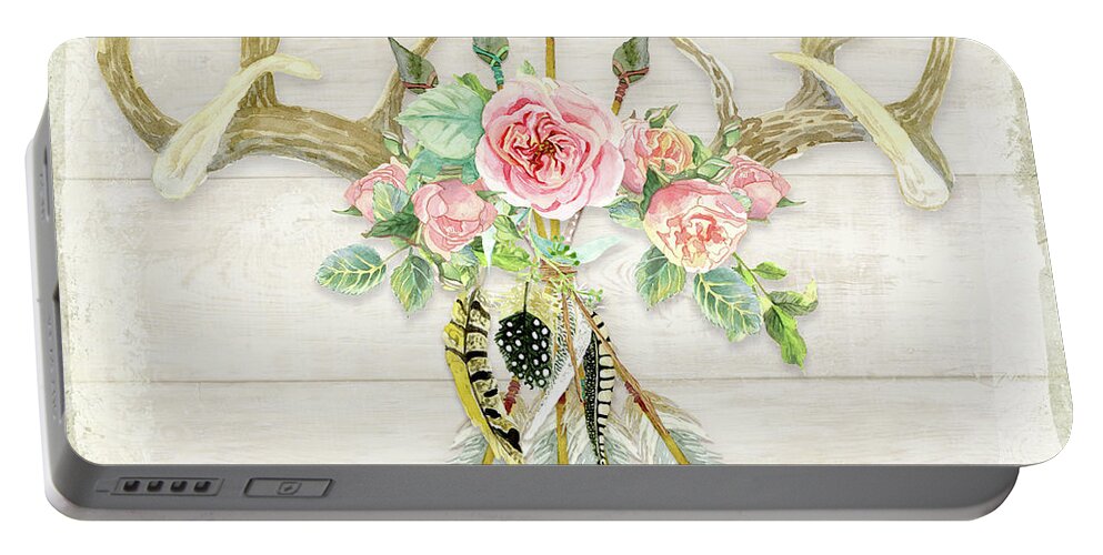 Watercolor Portable Battery Charger featuring the painting BOHO Love - Deer Antlers Floral Inspirational by Audrey Jeanne Roberts
