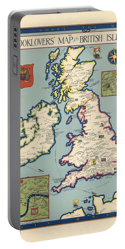 Booklovers Map Of The British Isles Portable Battery Charger featuring the drawing Booklovers map of the British Isles - Pictorial Map - Antique Illustrated Map by Studio Grafiikka