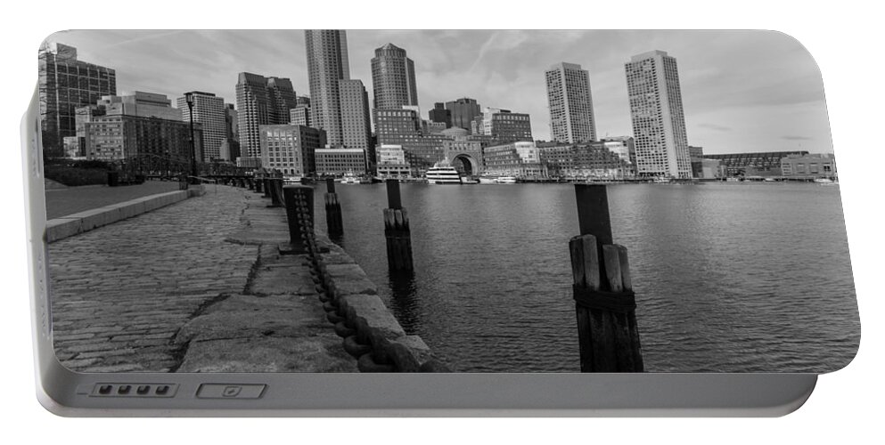 Boston Portable Battery Charger featuring the photograph Boston Cityscape from the Seaport District in Black and White by Brian MacLean
