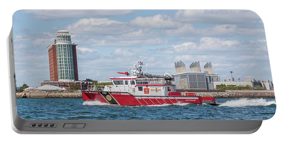 Boston Fire Rescue Boat Passing Logan Airport Portable Battery Charger featuring the photograph Boston Fire Rescue Boat Passing Logan Airport by Brian MacLean