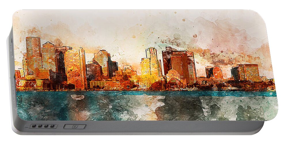Boston Portable Battery Charger featuring the painting Boston, Panorama - 10 by AM FineArtPrints