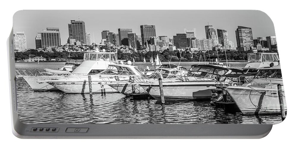 America Portable Battery Charger featuring the photograph Boston Skyline Black and White Panoramic Photo by Paul Velgos