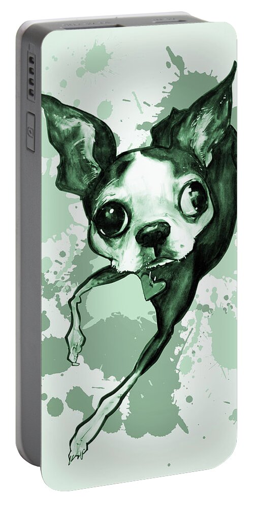 Boston Terrier Portable Battery Charger featuring the drawing Boston Terrier - Green Paint Splatter by John LaFree