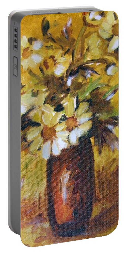 Katt Yanda Original Art Floral Oil Painting Golden Daisy Flowers In Vase Portable Battery Charger featuring the painting Bouquet Flowers of Gold by Katt Yanda