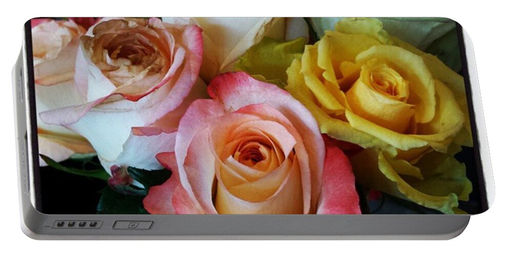 Goodcoffee Portable Battery Charger featuring the photograph Bouquet Of Mature Roses At The Counter by Mr Photojimsf