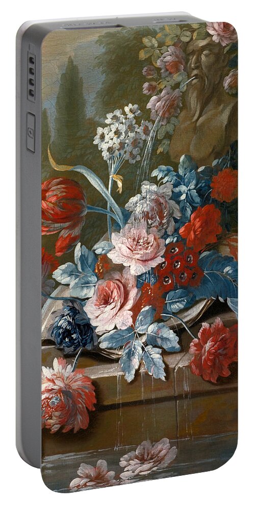 Mary Moser Portable Battery Charger featuring the painting Bouquets of Flowers on a Ledge above Water by Mary Moser