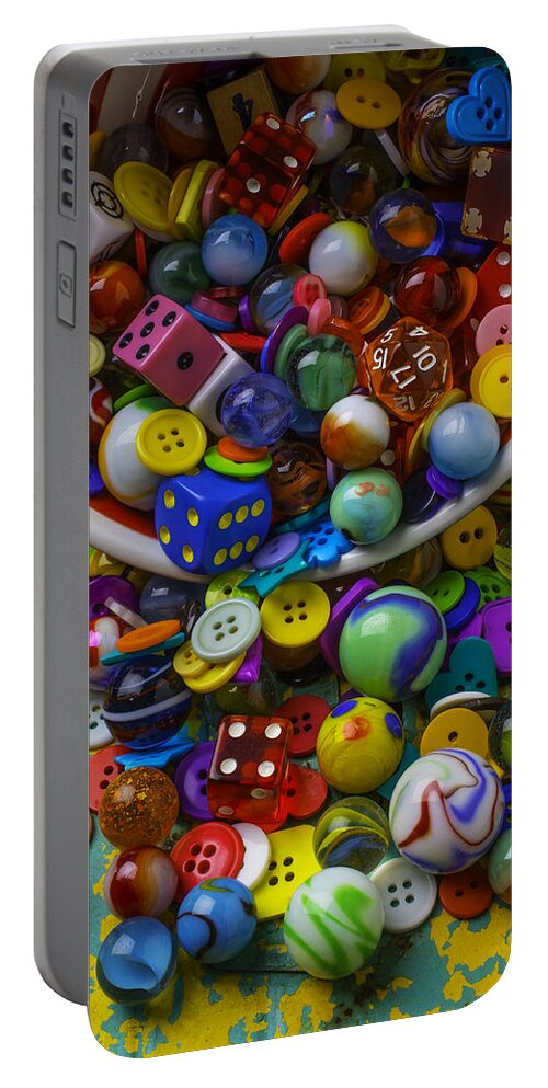 Jars Buttons Portable Battery Charger featuring the photograph Bowl Spilling Marbles Buttons And Dice by Garry Gay