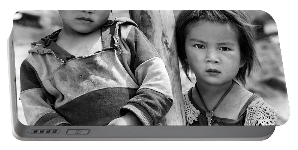 Children Portable Battery Charger featuring the photograph Boy Girl Vietnam Minority Children BW by Chuck Kuhn