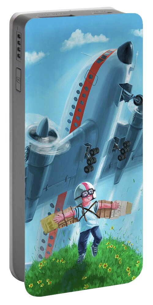 Airplane Portable Battery Charger featuring the digital art Boy with airplane on hilltop by Martin Davey