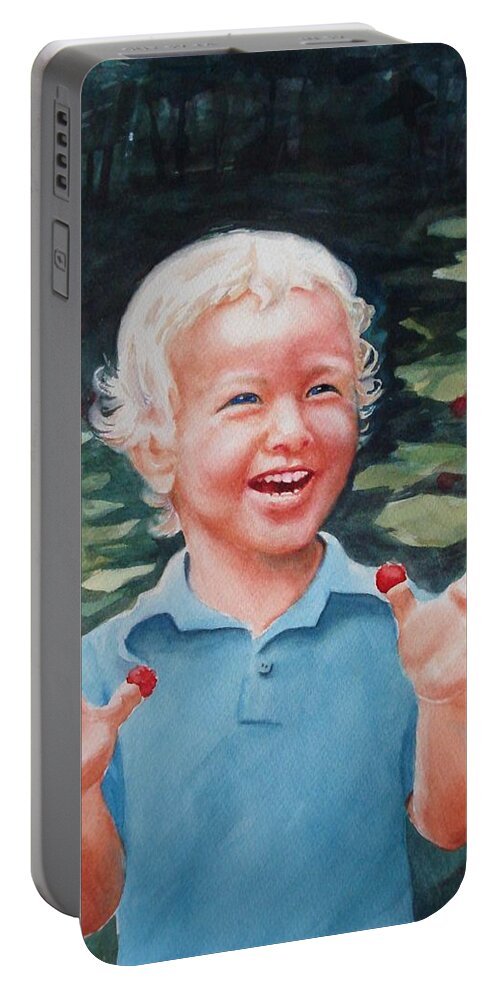 Boy Portable Battery Charger featuring the painting Boy With Raspberries by Marilyn Jacobson