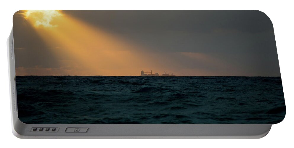 Pier Portable Battery Charger featuring the photograph Boynton Inlet Heavenly Sunrise Ship by Ken Figurski