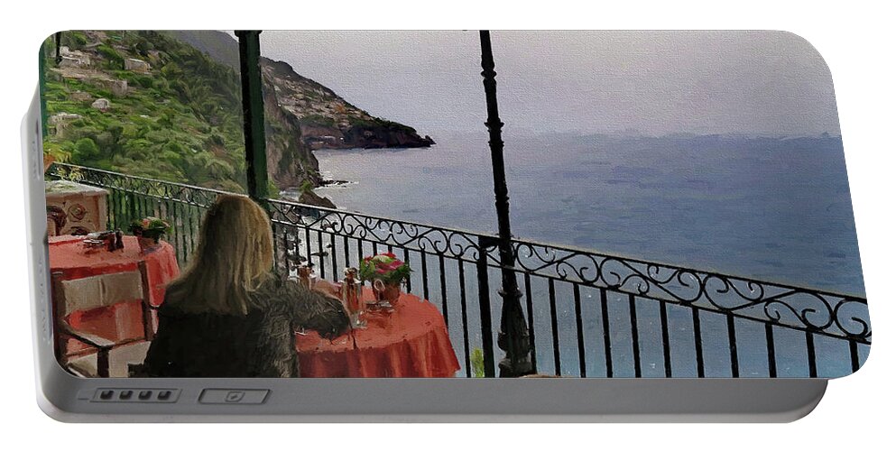 Positano Portable Battery Charger featuring the digital art Breakfast at Il San Pietro di Positano Italy by Russ Harris