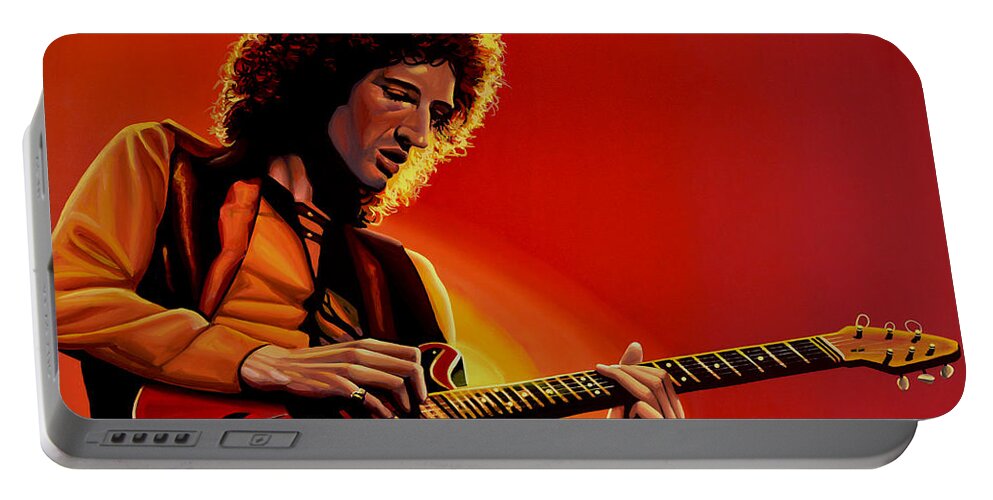 Brian May Portable Battery Charger featuring the painting Brian May of Queen Painting by Paul Meijering