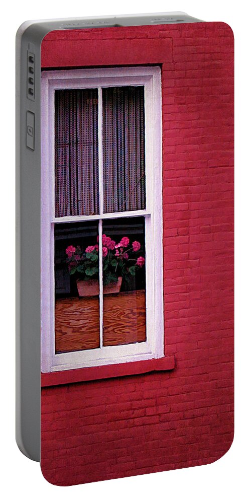 Red Portable Battery Charger featuring the photograph Brick Wall and Window by Cathy Kovarik
