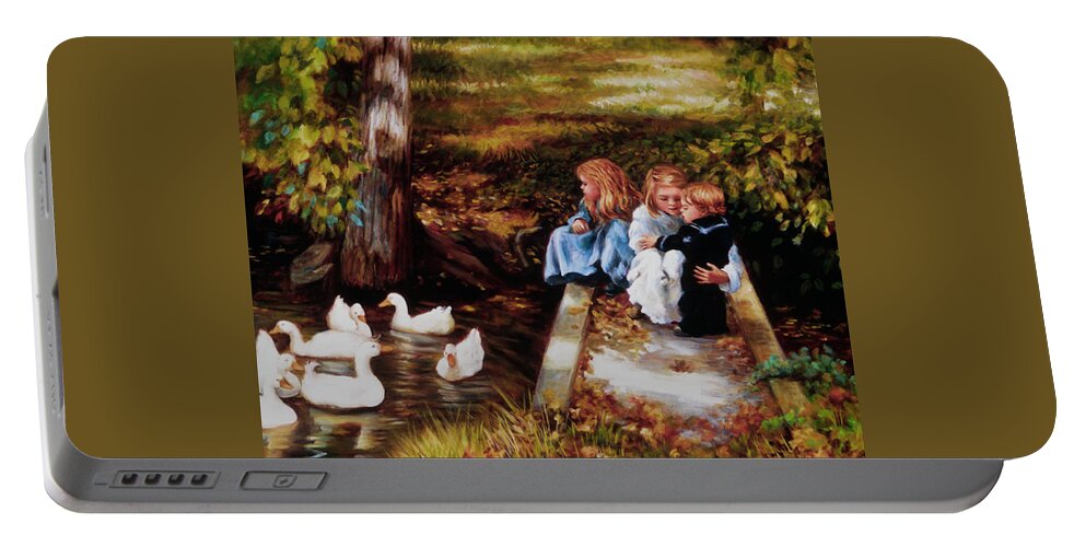 Children Portable Battery Charger featuring the painting Bridge on Duck Pond by Marie Witte