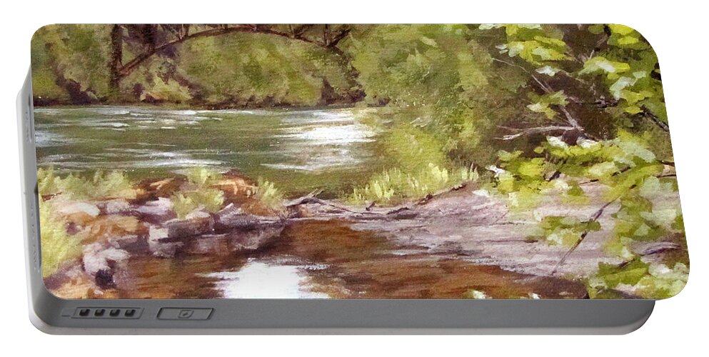 River Portable Battery Charger featuring the painting Bridge View by Karen Ilari
