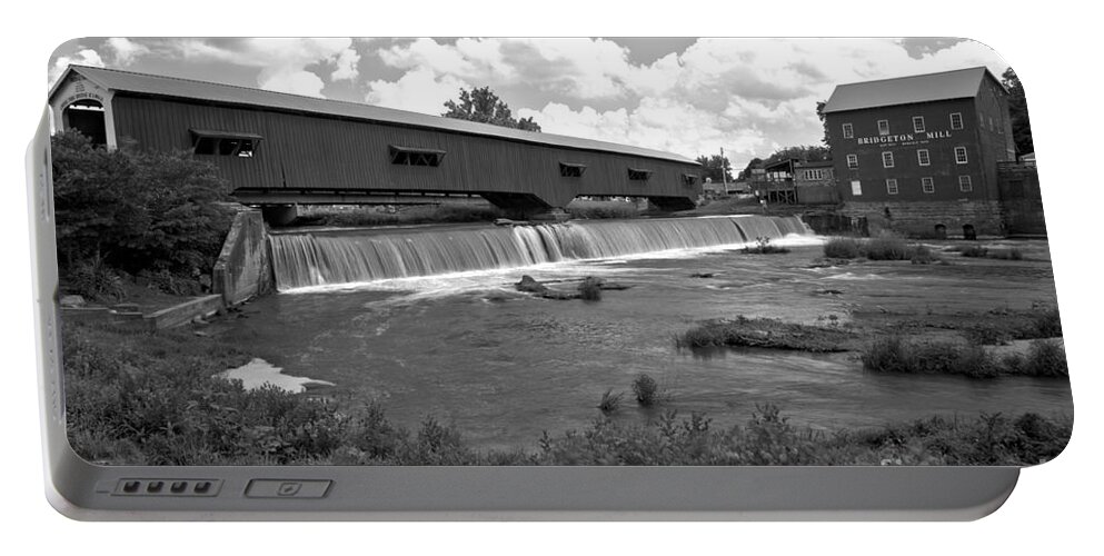 Bridgeton Portable Battery Charger featuring the photograph Bridgeton Covered Bridge And Grist Mill Black And White by Adam Jewell