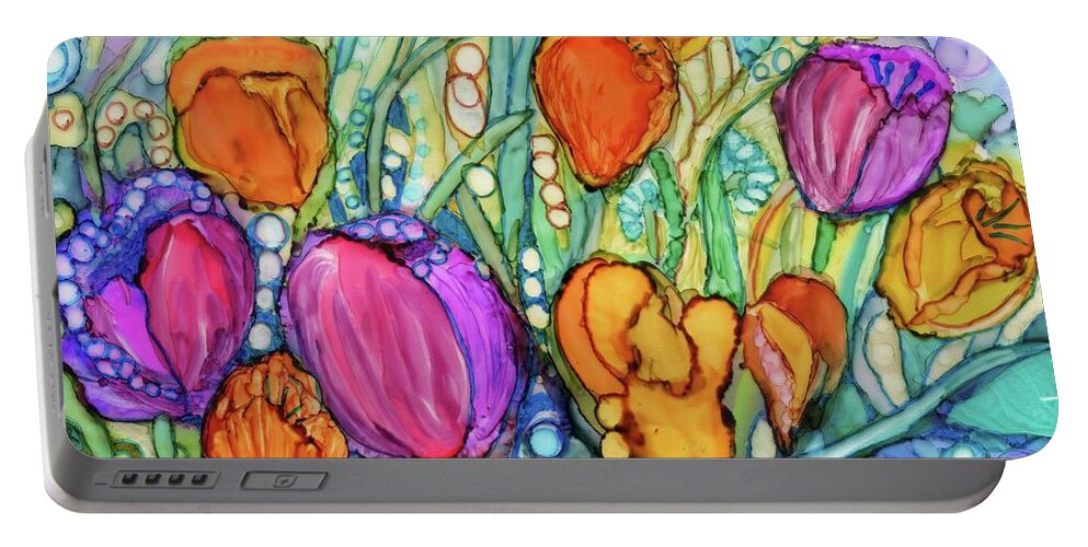 This Was Painted To Remember A Dear Aunt Who Had The Most Amazing Garden. The Brilliant Rainbow Colors And Imaginary Shapes Of This Magical Garden Will Brighten Any Dark Corner. The Cool Blue And Green Background Makes The Bright Fuchsia Portable Battery Charger featuring the painting Bridget's Bouquet by Joan Clear