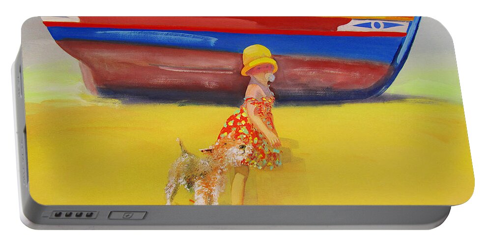 Wire Haired Fox Terrier Portable Battery Charger featuring the painting Brightly Painted Wooden Boats With Terrier and Friend by Charles Stuart