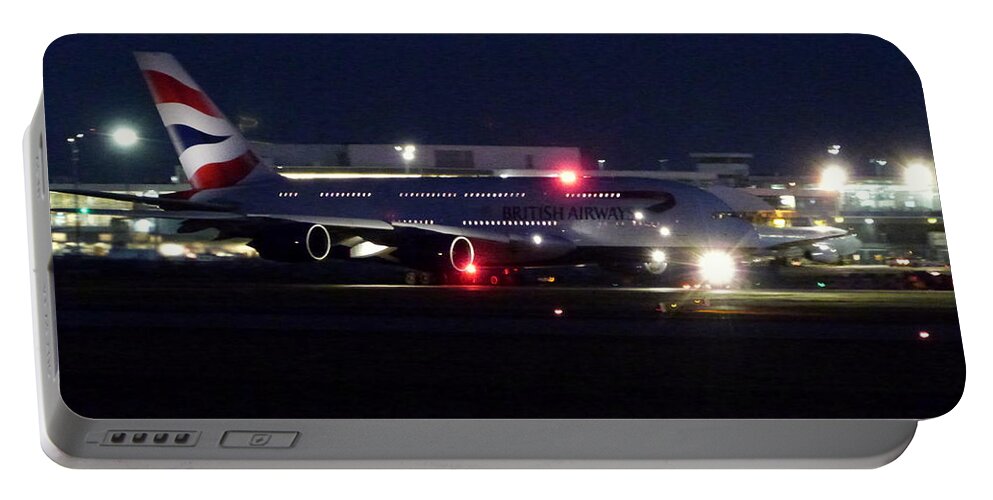 British Airways Portable Battery Charger featuring the photograph British Airways A380 At Night by Darrell MacIver