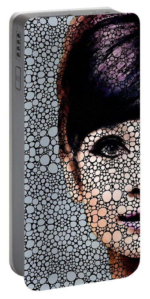 Audrey Hepburn Portable Battery Charger featuring the painting British Beauty - Audrey Hepburn Tribute by Sharon Cummings