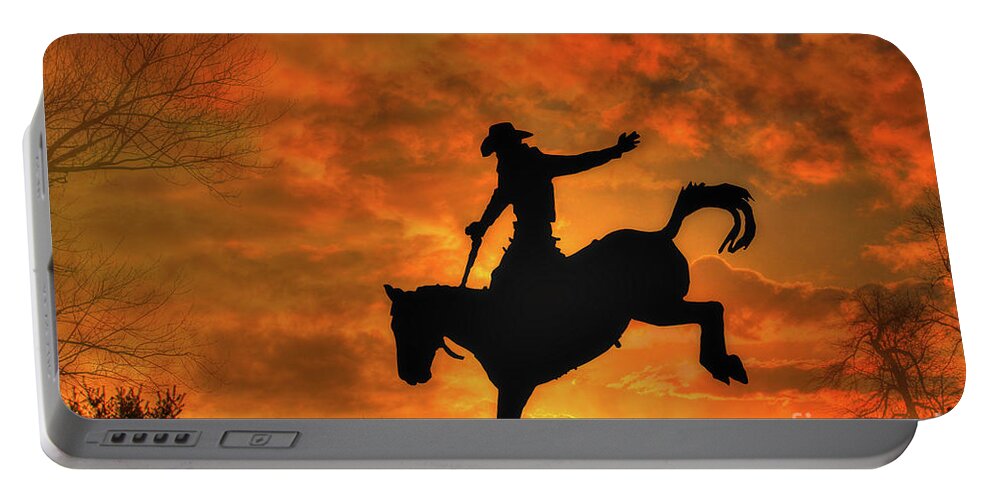 Bronco Riding Sunset Portable Battery Charger featuring the digital art Bronco Riding Sunset by Randy Steele